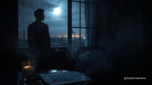 Dark love poems visualized as a man standing by a window at night, symbolizing heartbreak, longing, and emotional intimacy