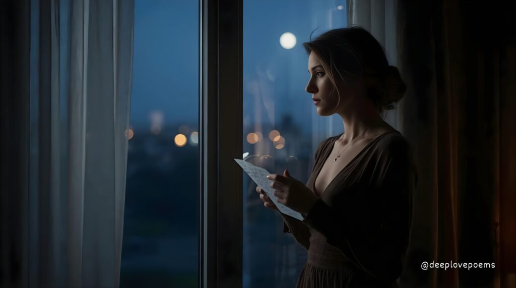 Love poems for him long distance represented by a woman holding a letter at night, expressing longing and emotional connection across miles